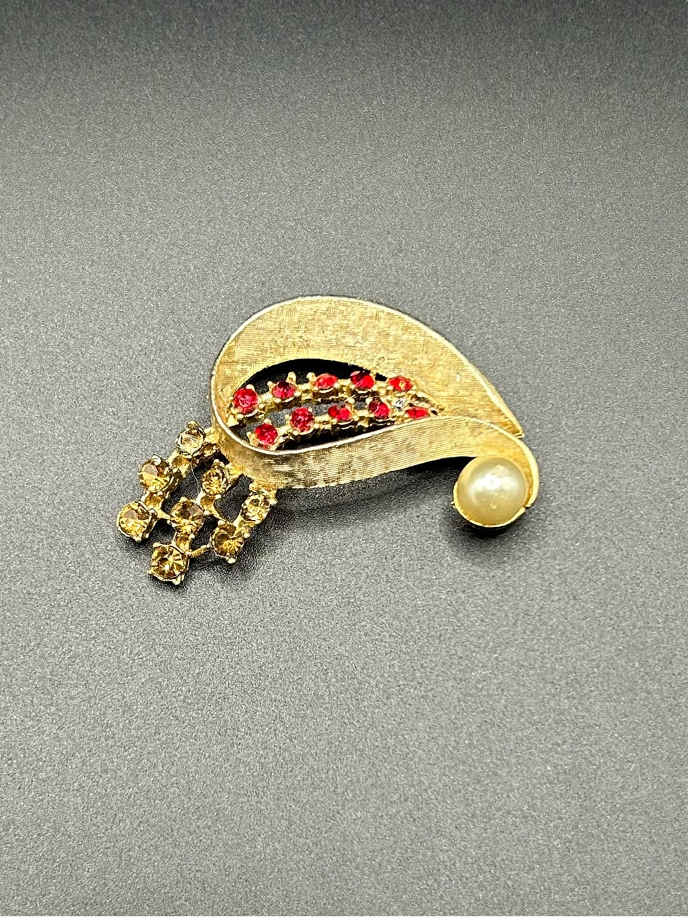 Gold-Tone Red Crystal Pearl Accent Brooch - Women Jewelry